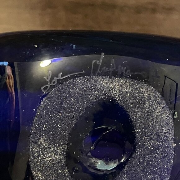 Loren Chapman Vintage Signed Cobalt Blue Blown Glass Swirl Freeform Vase 1983 - Picture 8 of 9